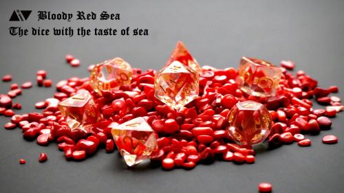 “Bloody red sea” transparent dices with red coral core