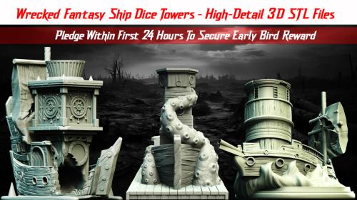 Wrecked Fantasy Ship Dice Towers - High-Detail 3D STL Files