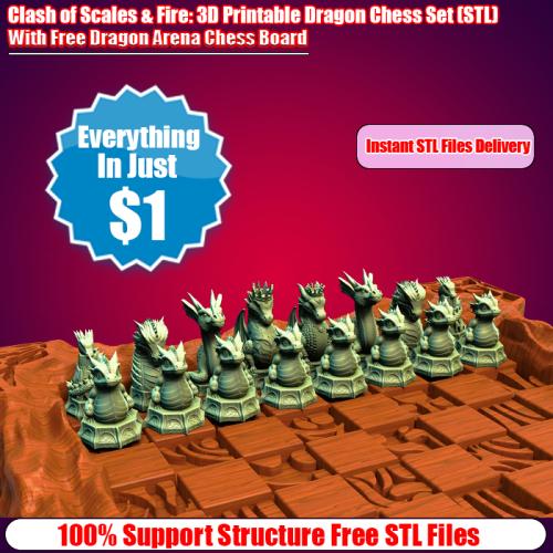 Clash of Scales & Fire: 3D Printable Dragon Chess Set (STL)
