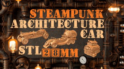 Steampunk architecture, interior and cars