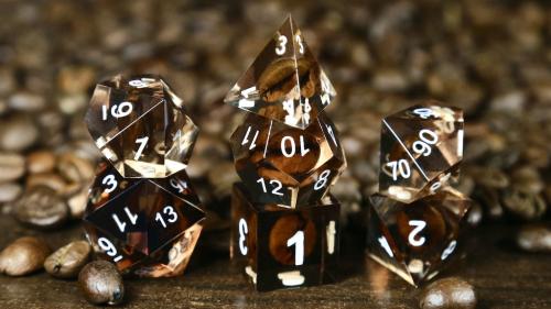 Coffee Dice:polyhedral dice set with coffee beans inside