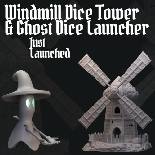 Halloween 3D Printable Mill Dice Tower & Ghost Dice Launcher