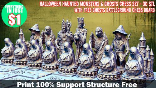 Halloween Haunted Monsters & Ghosts Chess Set - 3D STL