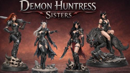 Demon Huntress Sisters – Dark Fantasy STL Miniatures for 3D