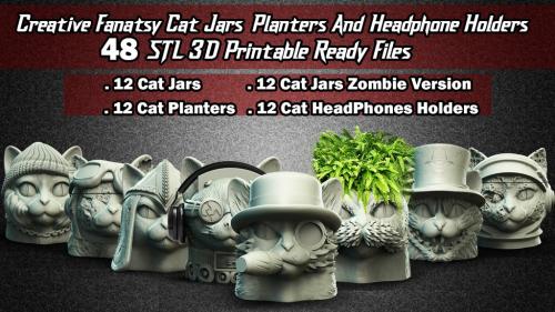 Fantasy Cat Head Jars, Planters & Headphone Holders -3D STL