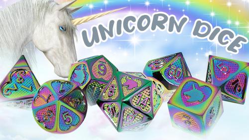 Metal Heart Unicorn Dice with Rainbows and Dreamy Clouds