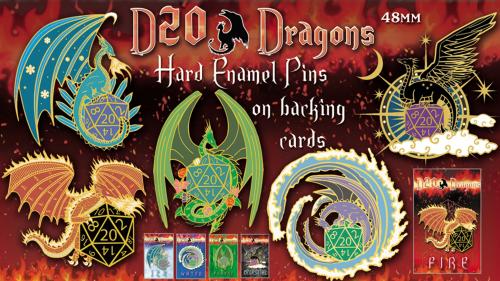 D20 dragon hard enamel pins on backing cards